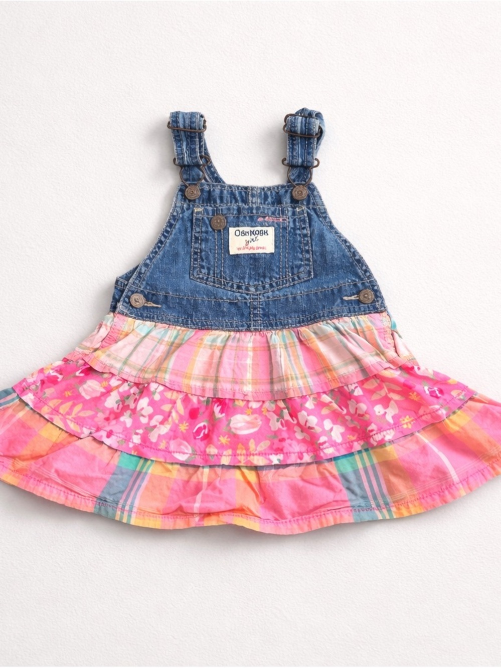 Y2K Girly OshKosh Denim & Pink Floral Tiered Skirt Overalls 24 months